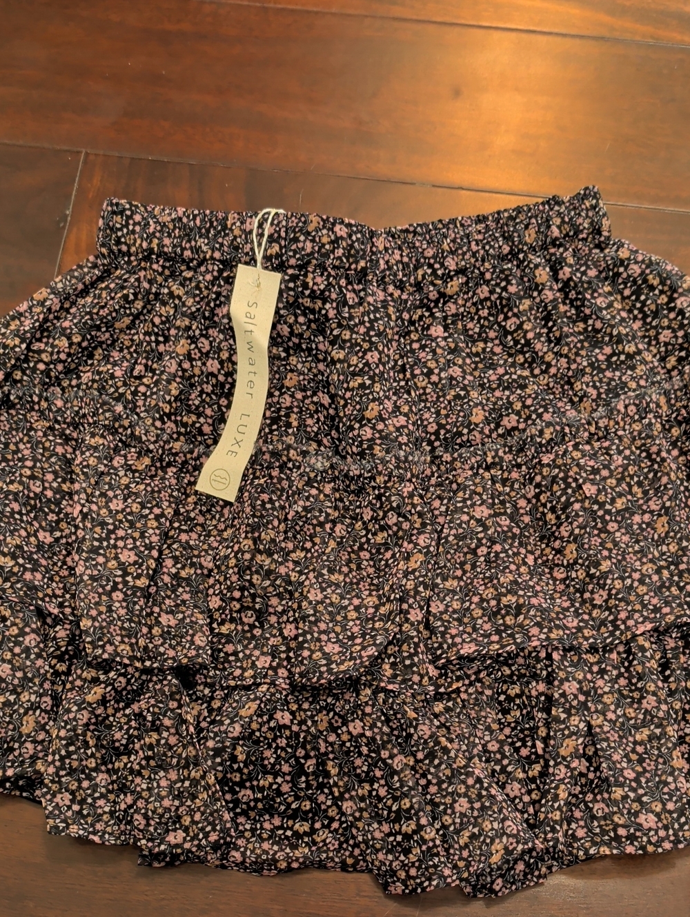 saltwater LUXE Black Floral Tiered Mini Skirt In Size Small